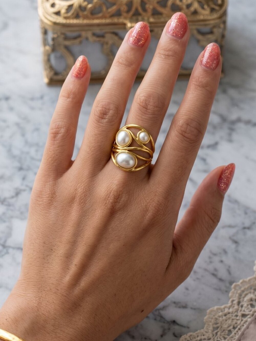 Old Money Coquette 18K Gold Faux Pearl Swirl Cage Adjustable Ring NWT